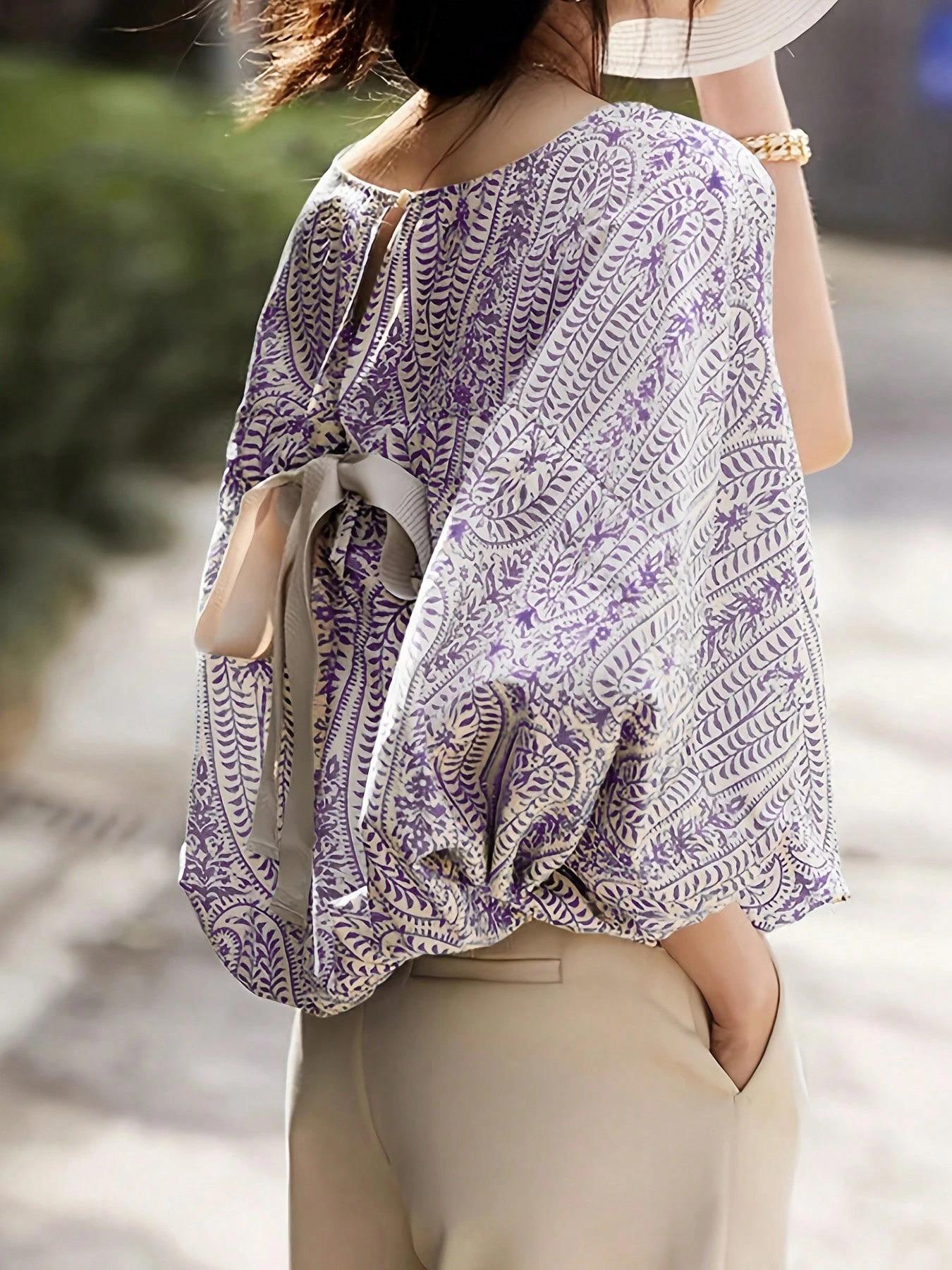 Elegant paisley print short-sleeve shirt, lantern sleeve round neck design - loose fit, polyester material, women's floral pattern, suitable for spring and summer outings and outdoor wear|     Lantern sleeve shirt|     Printed shirt, women's vacation shir