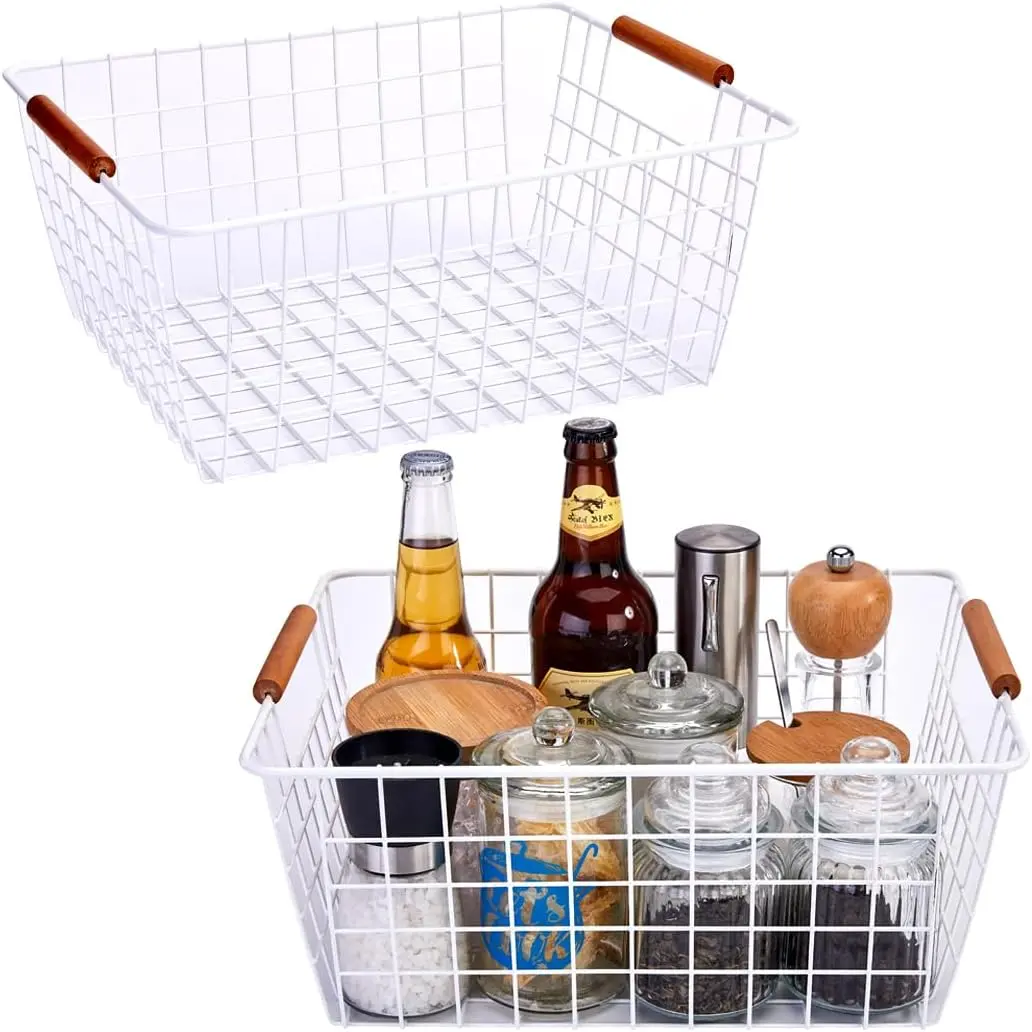 Large White Durable Mesh Steel Wire Storage Baskets with Bamboo Handles - 2-Pack, 14"l*11"w*6"h Shelf Organizing Containers for Pantry, Kitchen Cabinets, Pet Supplies