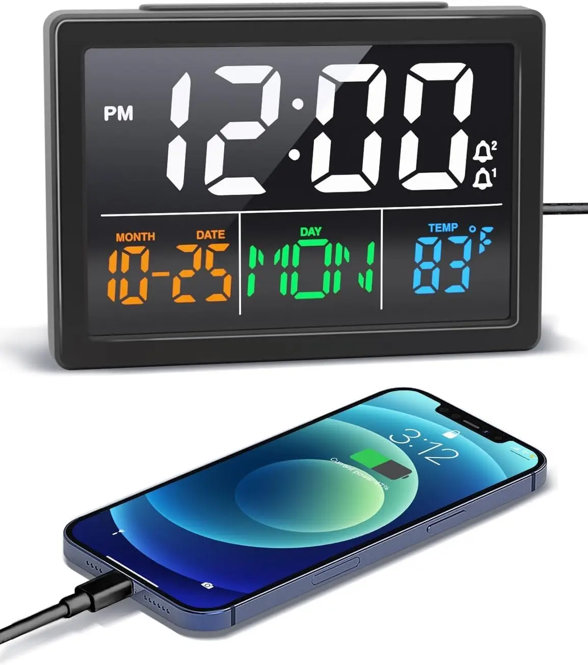 Digital Clock with Date Day for Seniors, Electric Alarm Clocks for Bedrooms with Temperature, 2 Alarms, Dimmer, Dual USB Charger, Battery Backup, Volume Control, Snooze, Bedside Desk Clock, Black