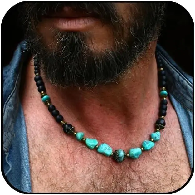 Men's Turquoise Onyx Choker Necklace  Beach  Hop  | Handcrafted boho- hop fusion  turquoise black onyx  stones add rugged  Unisex style for beach streetwear
