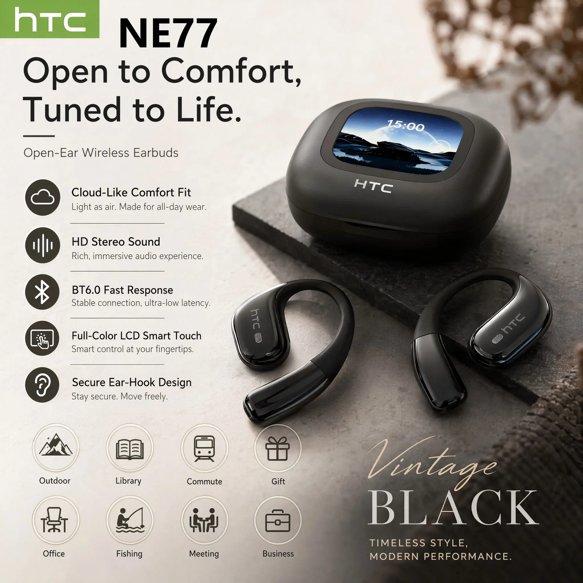 HTC NE77 Open Ear Wireless OWS Earbuds Bluetooth 6.0 HD Touch Control Screen Support 134 Languages APP Translation IPX5 Waterproof Sports Headphones 39H Long Battery Built in HD Microphone for Music Calls All Scenarios