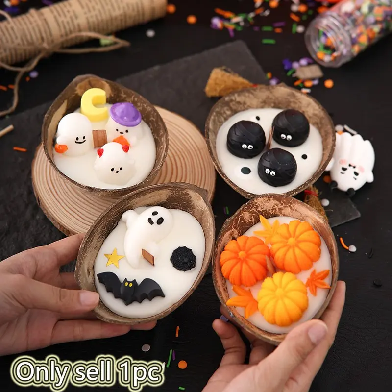 1pc Creative Coconut Bowl Aromatherapy Candle - Halloween Atmosphere Home Decoration Party Companion Small Ornament - Pumpkin/Ghost/Bat Candle