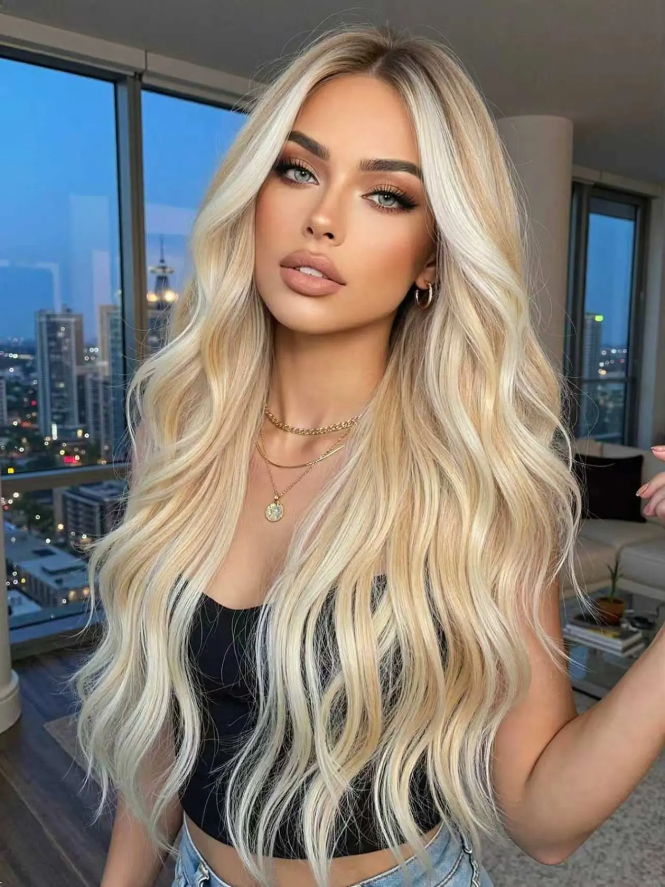 Women's Platinum Blonde Gradient Long Wavy Wig, Center Part Seamless Full Headpiece, High Heat Fiber, Daily Selfie Hairstyle