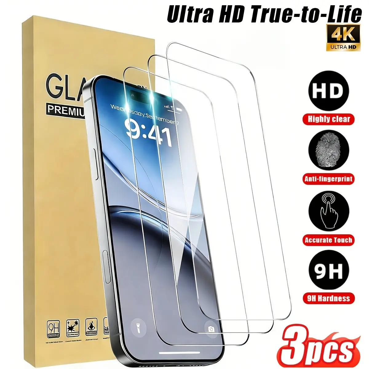 3-Pack Apple 4K Ultra-Clear Full Screen Tempered Glass Film, HD Screen Guard, Compatible with iPhone 11-17 Pro/pro Max, 9h Hardness, Anti-Scratch, Anti-Fingerprint