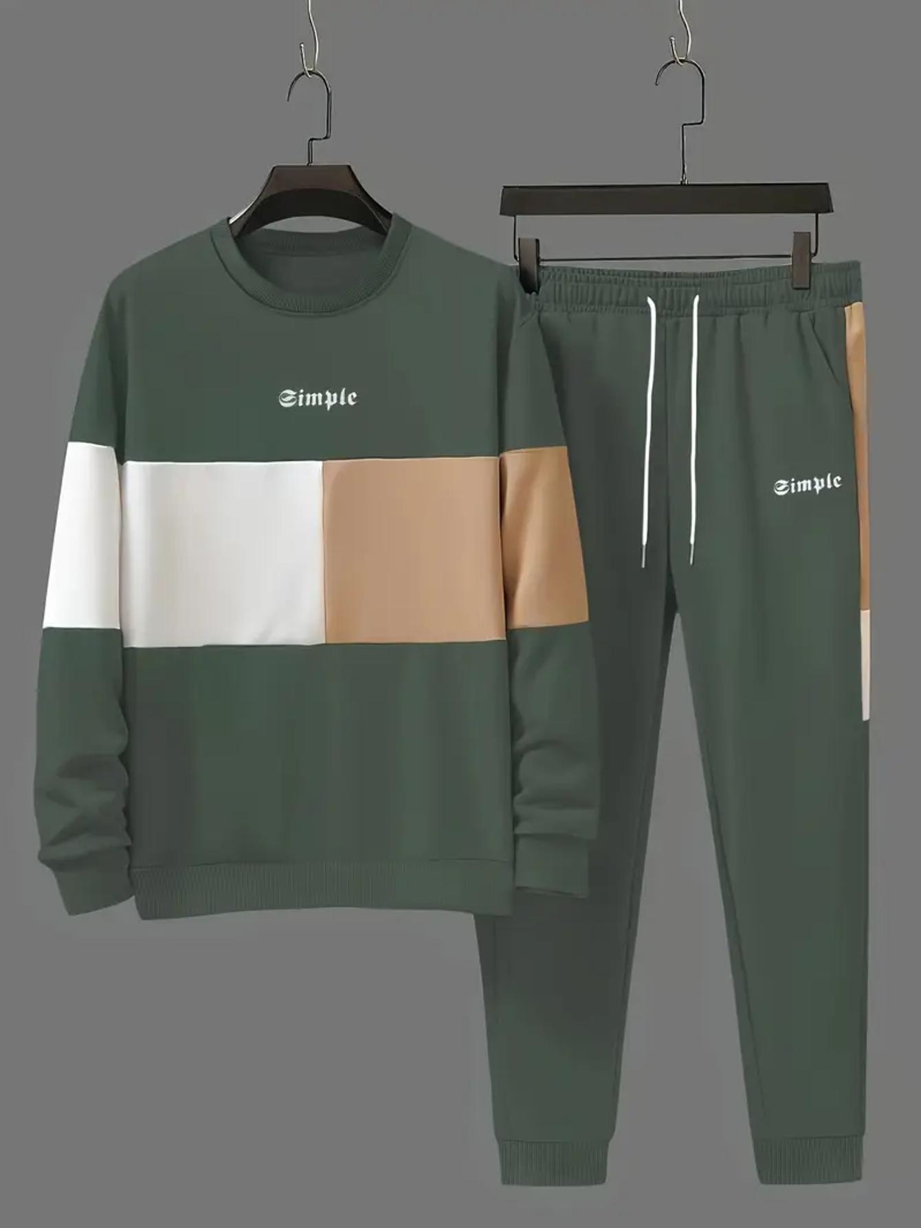 Men's color blocked 2-piece set, casual round neck long sleeved sweatshirt and sweatpants jogging pants set for winter and autumn, men's clothing