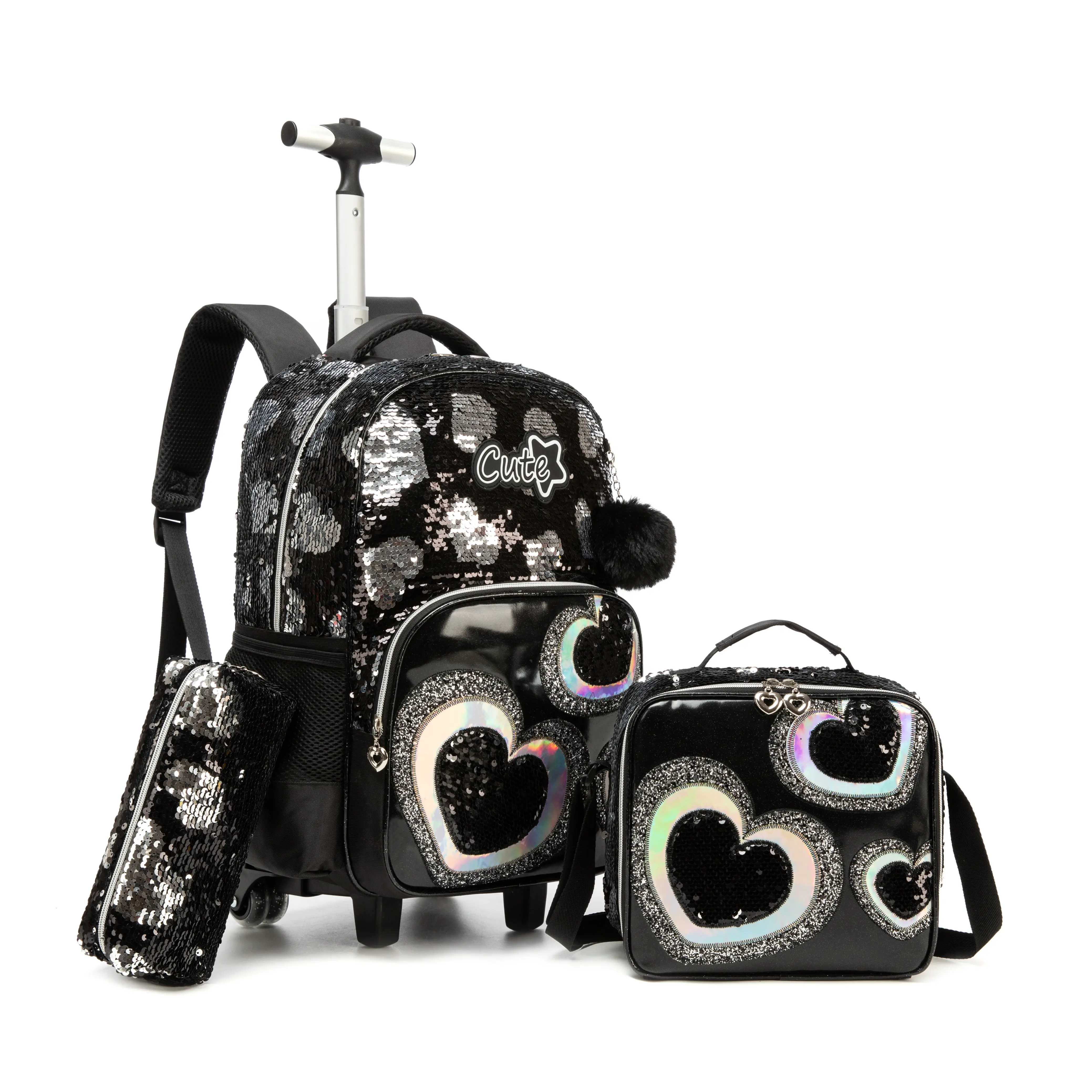 Black Sequin Heart Rolling Backpack 3pcs Set for Girls | Cute Aesthetic Flip Glitter Kids School Bag with Lunch Box & Pencil Case | Reversible Sparkly Bookbag with Wheels, T-Handle Trolley Bag 2026