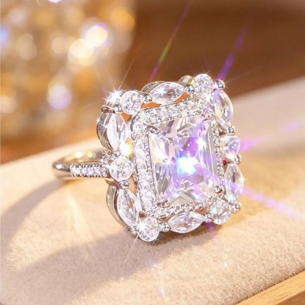 Women’s Marquise Halo Emerald Cut  Ring, Promise Rings for GF, Sparkly Cocktail & Engagement Style Jewelry