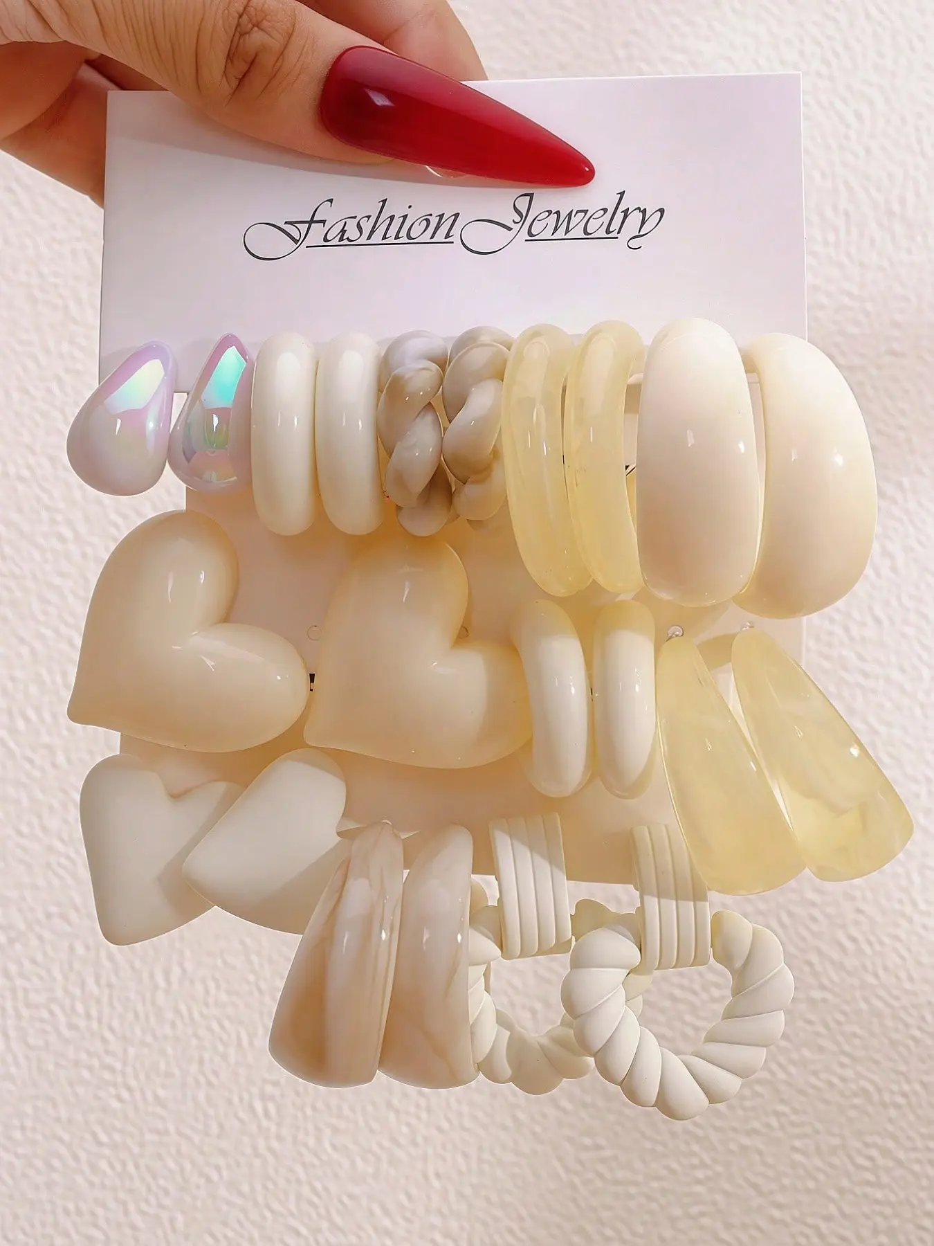 New Arrival Cream-Colored Resin Dainty Earrings Set, Multi-Style Heart & Teardrop C-Shaped Earrings, Fashionable Jewelry for Women