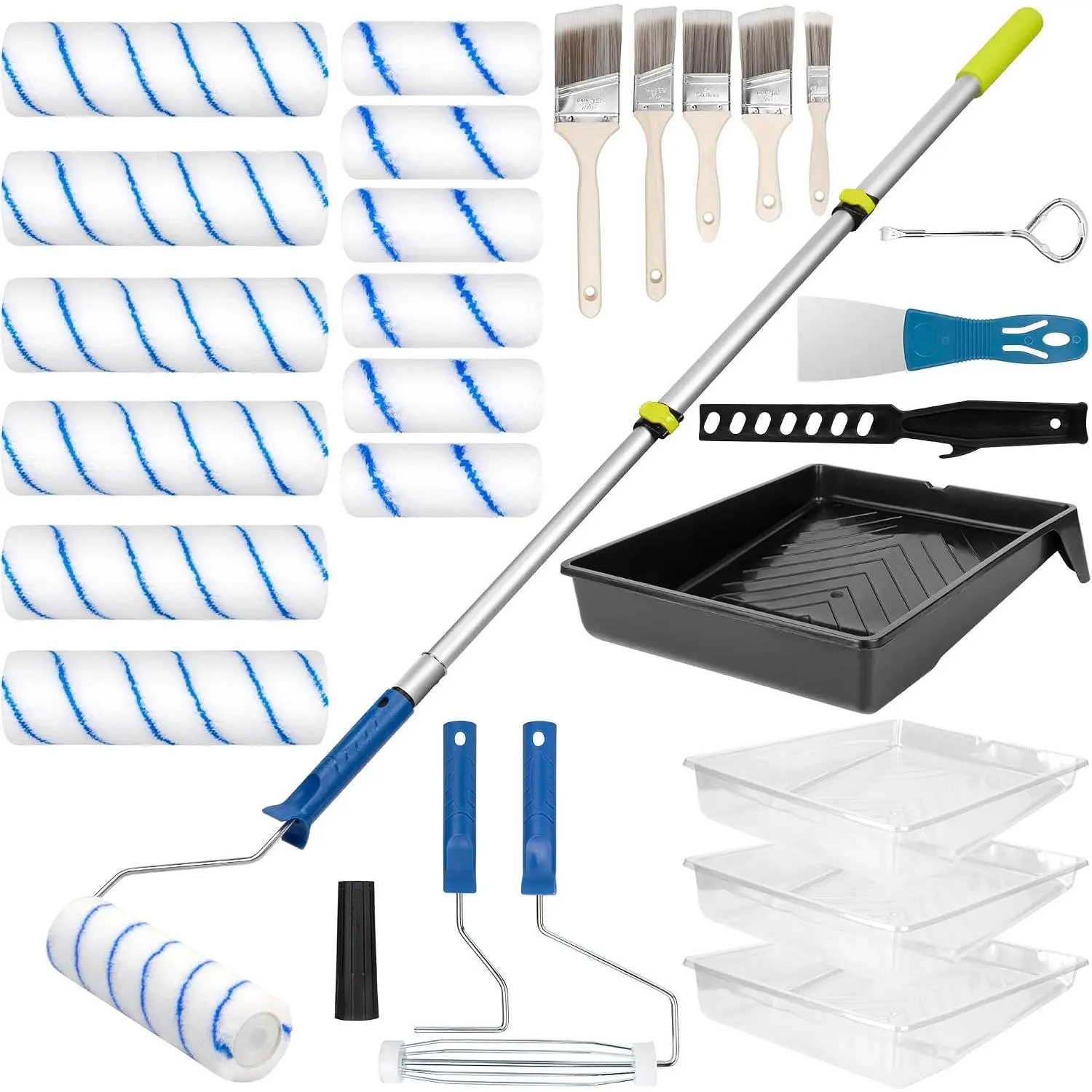 Roller Kit with Extension Pole 28 count Set, 4" 9"  Roller with Tray,  Brushes Set for Professional Painting, House Wall Ceiling Painting Supplies for  Latex and Oil Paints Stains