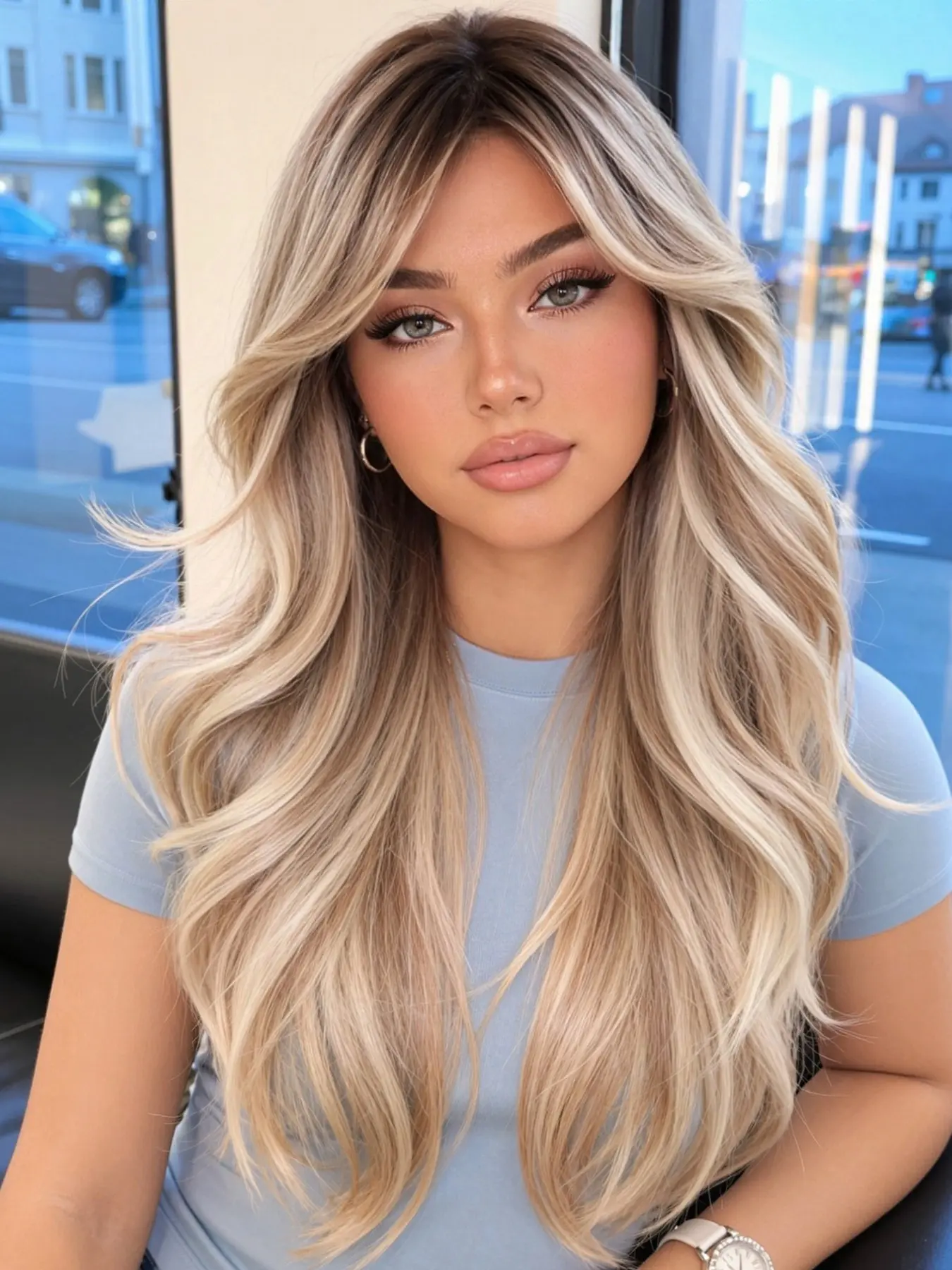 Ombre Long Layered Wavy Synthetic Wig, 24 Inch, with Curtain Bangs, Heat Resistant Fiber