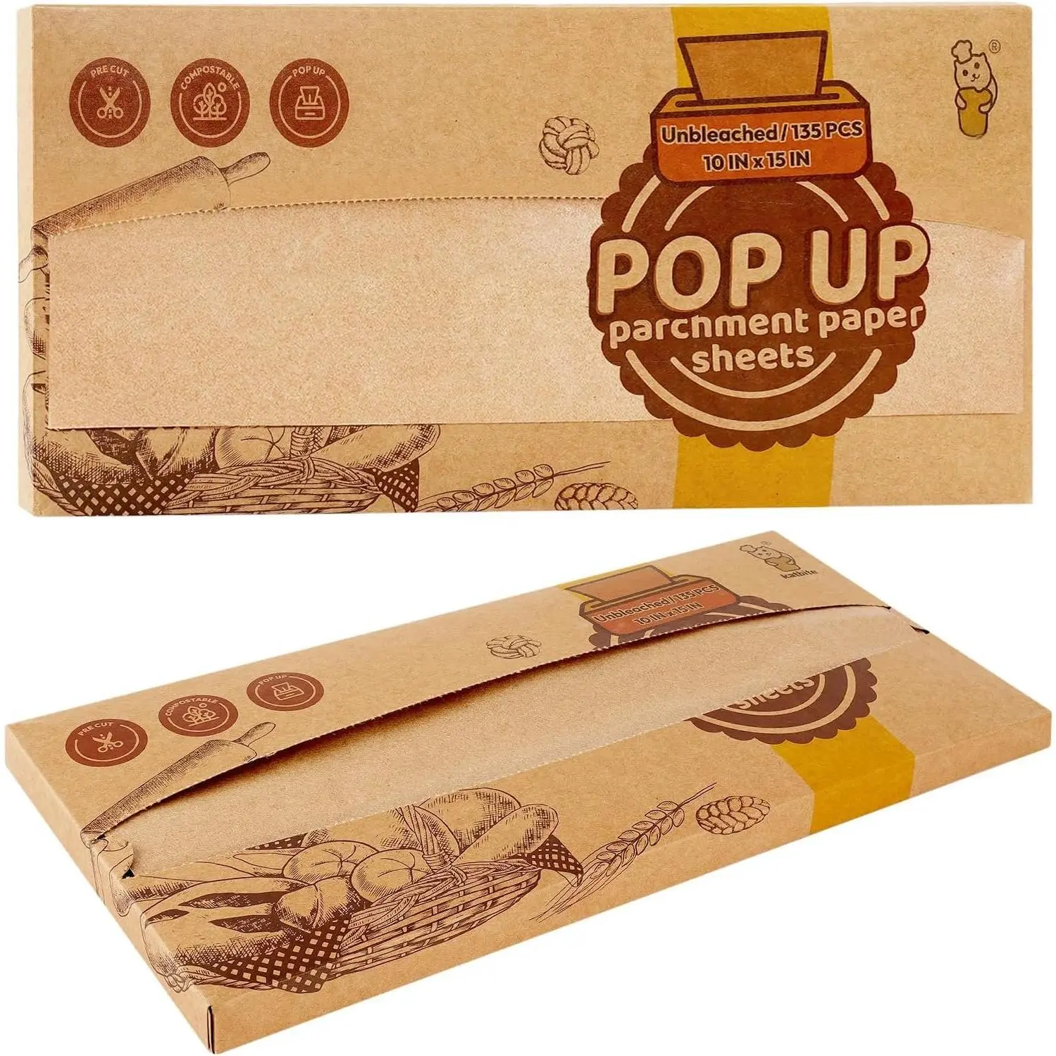 135 count 45 gsm Pop-Up  Paper Sheets, Heavy Duty & Non-stick,10x15 In Pre-cut Unbleached  Paper for Baking, Pop-Up Paper Dispenser for Cooking Wrapping Space-saving