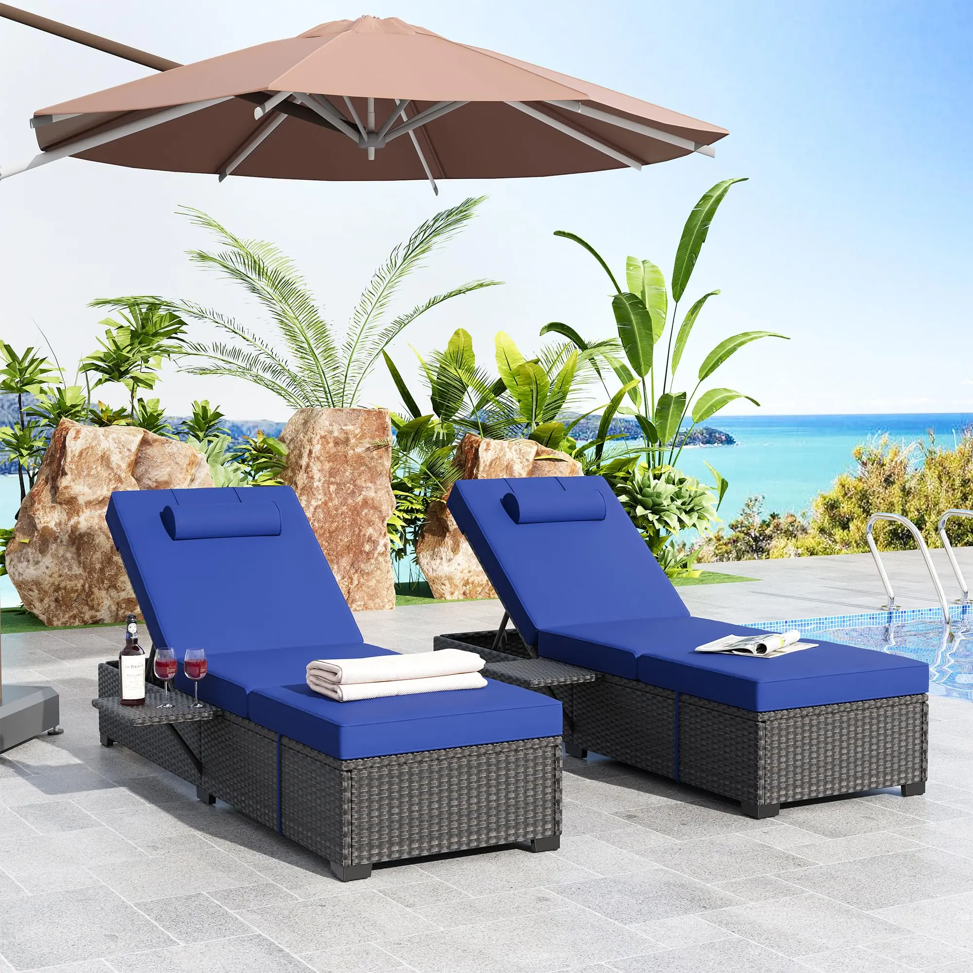 GARVEE Outdoor PE Wicker Rattan Chaise Lounge Chair Set of 2, 5-Position Adjustable Backrest Reclining Seat with Cushions for Patio, Beach, Blue