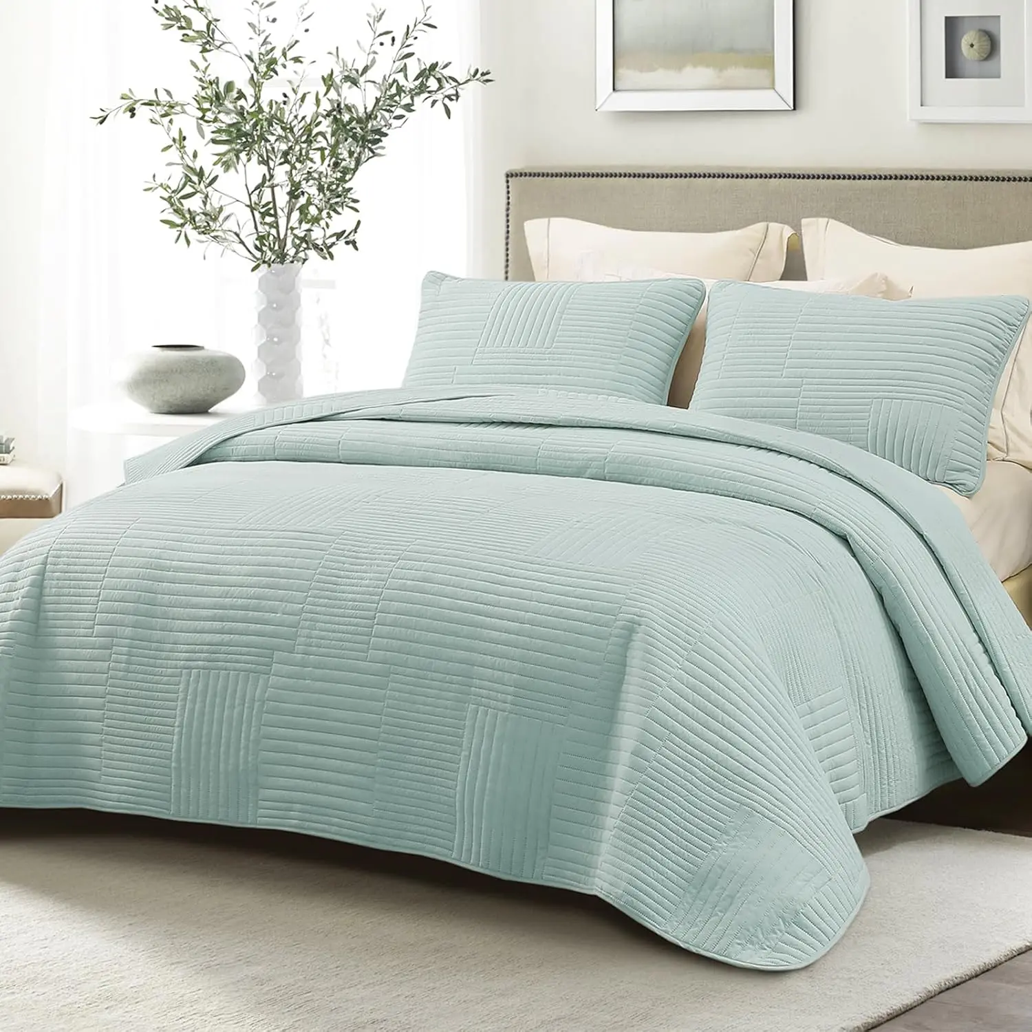 Soft King Bedding Set, Lightweight Microfiber Aqua Blue Bedspreads Oversized, 3 Piece Ultrasonic Geometric Coverlet Bed Cover for All