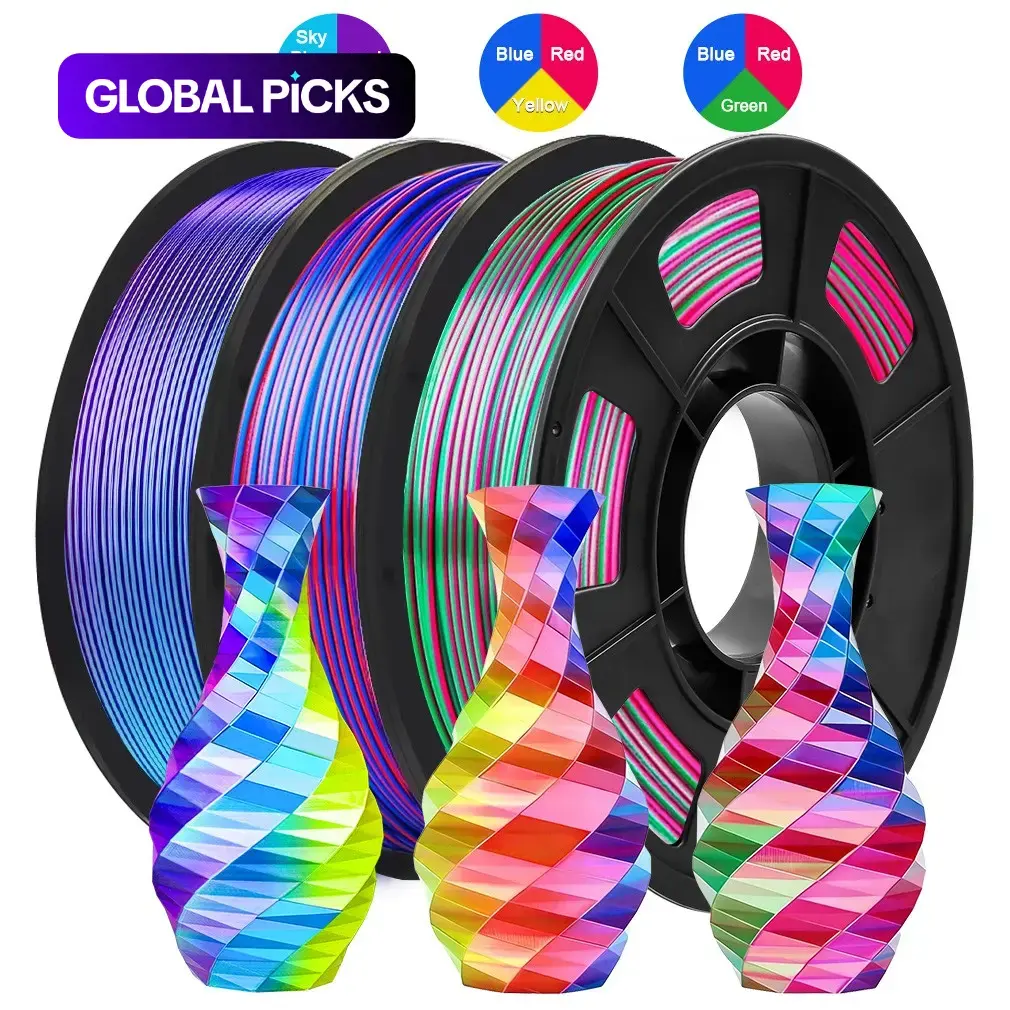 Silk PLA 3D Printer Filament Bundle, Shiny Tricolor Filament 1.75mm Pack, Multi-Color Change 3D Printing Filament for Most FDM 3D Printers, 3 Spools 250g Each #GLOBAL PICKS