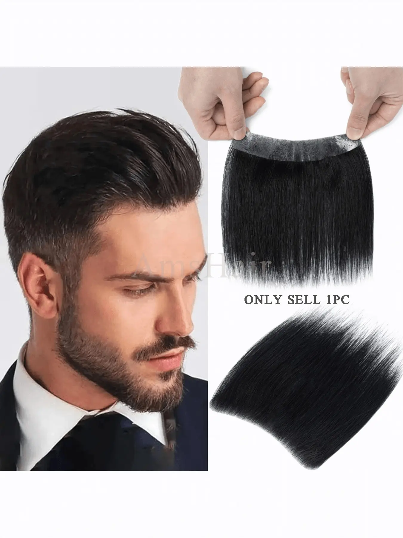 Men's Straight Human Hair Hairpiece, Natural Hairline Design, Adjustable Fit, Breathable Mesh, Invisible Wear, Business & Casual Use
