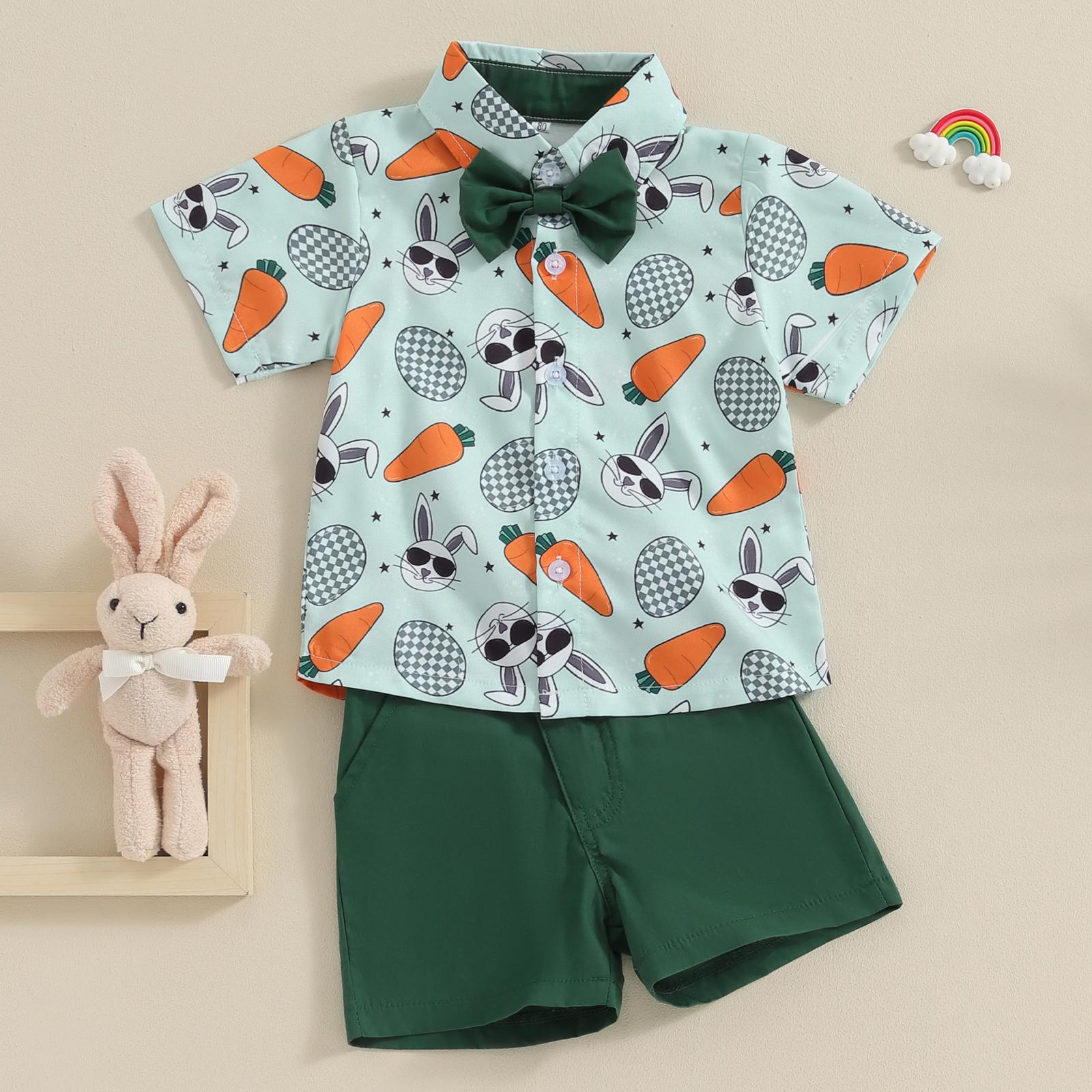 Babamoon Toddler Baby Boy Easter Outfits Carrot Rabbit Print Short Sleeve Button Down Shirt Top Solid Shorts Set Summer  2Pcs Clothes