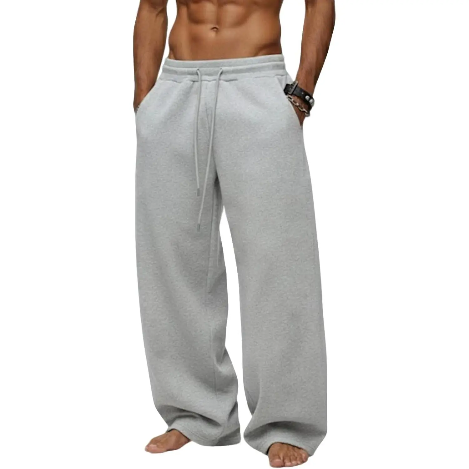 Men's Baggy Sweatpants, Solid Heavyweight Fleece Uncuffed Athletic Lounge Pants with Quick Dry Fabric and Pockets, Baggy Uncuffed Men's Pants, Casual Lounge, Athletic Wear, Male, Outdoor Sports, Solid Pattern, Joggers