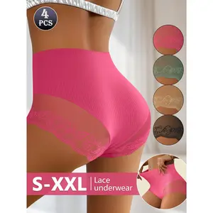 QUASTI Women's 4PCS High Rise Lace Panties, Fresh Basic Fit Cool Cotton Blend Skin-Friendly Underwear, Ultra Soft Breathable Briefs, Elegant Elasticity Assorted Colors Everyday Basics, S-XXL