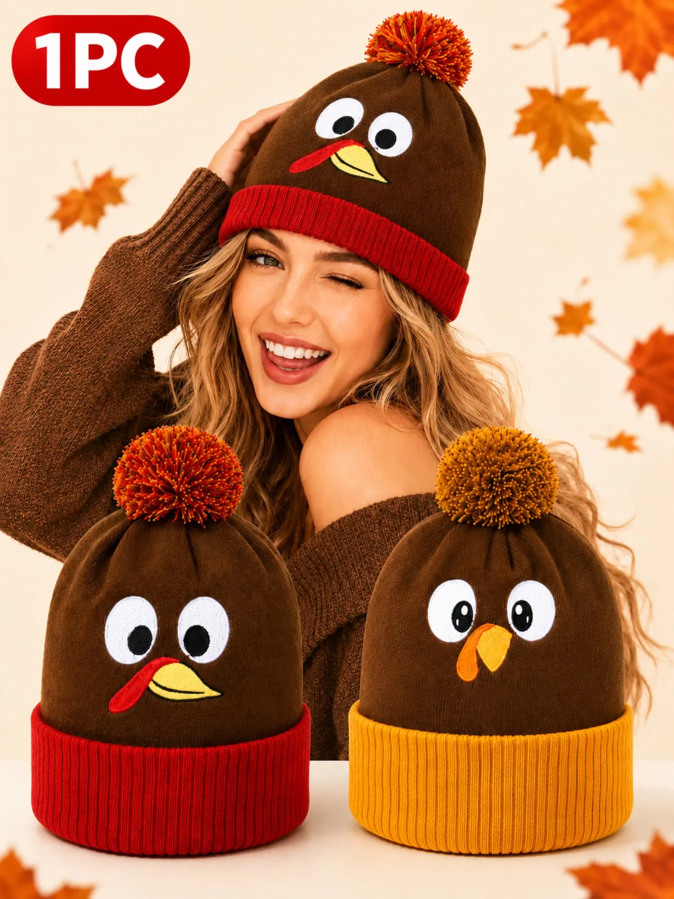Turkey Embroidered Pom-Pom Knit Hat, Hip-Hop Street Style, Soft Warm Beanie, Thanksgiving Festival Wear, Unisex, Two Options Available