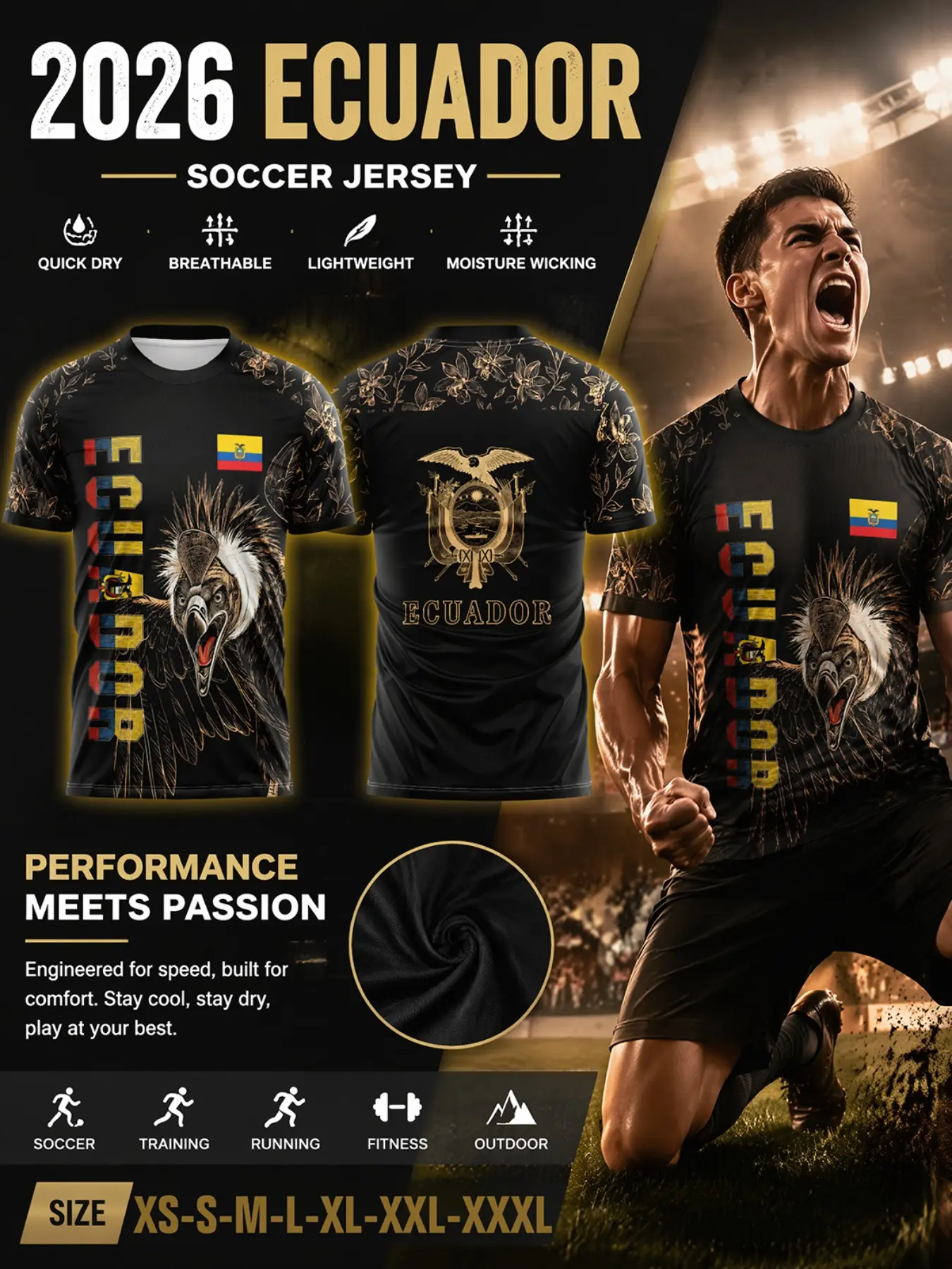 Ecuador Soccer Jersey, Soccer Shirts, Football Jerseys, Andes Condor Bold Print, Flag Color Letters, Quick-Dry Fabric, Fan Sports Gear, All-Over Print, Casual Style