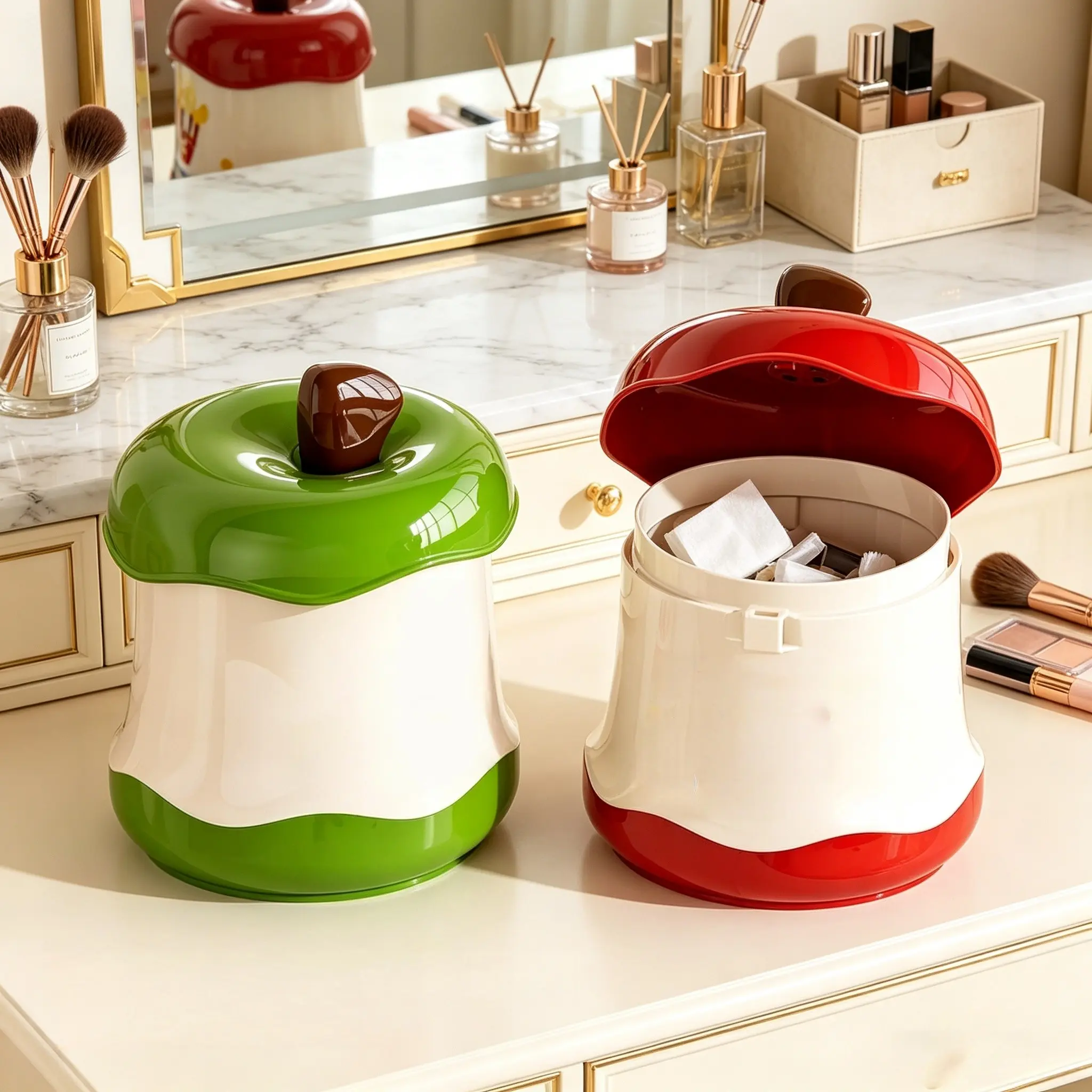 6L Press Lid Apple Shaped Trash Bin, Sealed Odor Control, Small Desktop Garbage Can, Large Opening, Mini Waste Bin for Bedroom Office Living Room Vanity