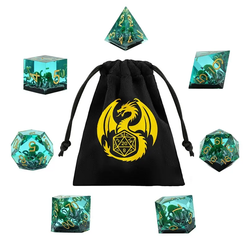 7pcs Clear Resin Octopus Themed Dice Sets with Golden Number, Creative Polyhedral Game Dice, Tabletop Role-playing Gaming Dice, Indoor Entertainment Board Game Accessories with Storage Bag,