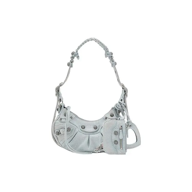 Balenciaga Le Cagole Distressed Denim Motorcycle Bag for Women – Adjustable Strap, Mini Crossbody, Blue