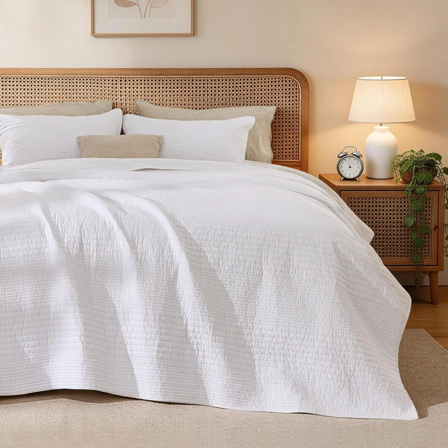 Queen Size 100% Cotton Striped Textured Quilt Set - Crinkled Coverlet, All-Season Lightweight Quilted Bedspread, Includes 2 Pillow Shams, White, Striped Set