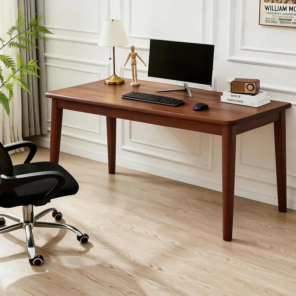 Littleox Solid Wooden Desk,63 x 19.7 Inch Desks, Rubberwood Mid Century Modern Desks, Small Writing Desk for Bedroom,Small Spaces - Walnut Color