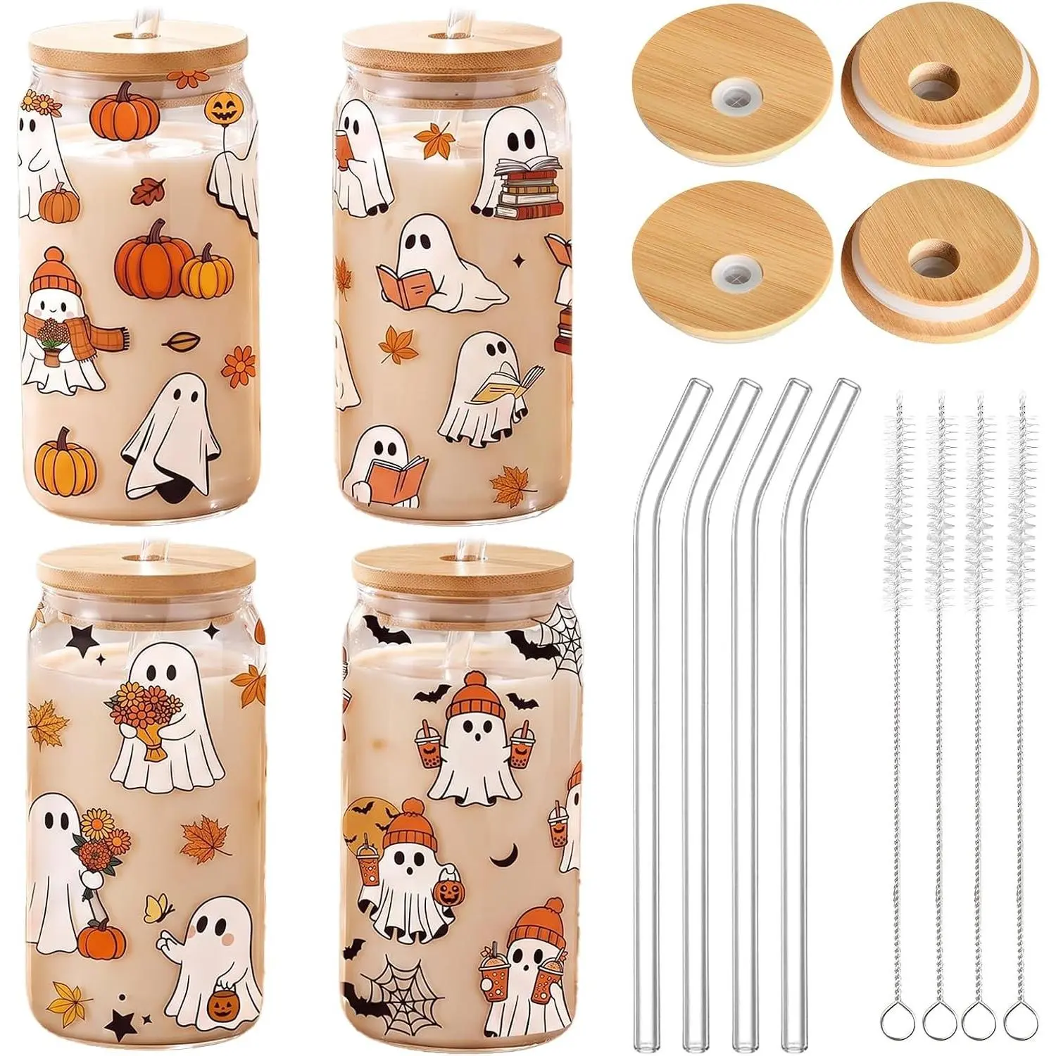 Halloween Fall Ghost Glass Cup - 4pcs Cute Ghost Glass Cups with Lids and Straws, 16oz Spooky Pumpkin Iced Coffee Cup