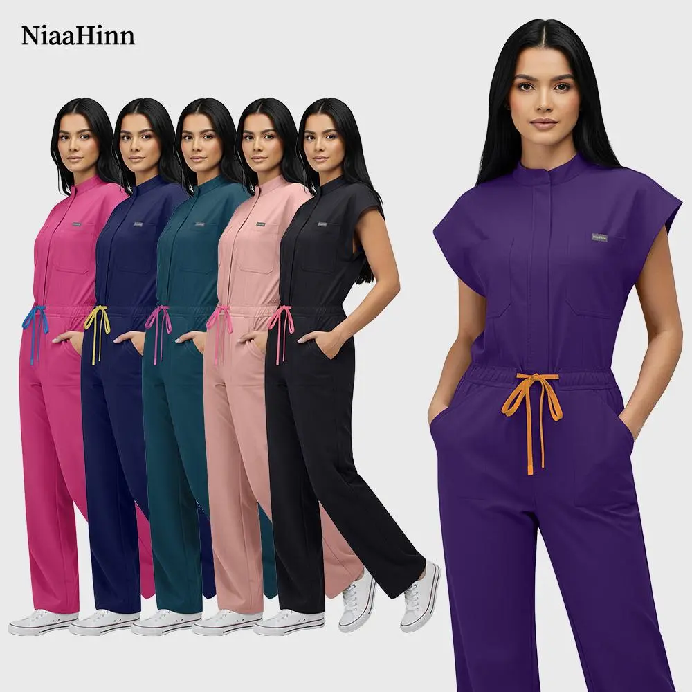 Operating Room Scrub Uniform Full Outfit & Veterinary Nurse Uniform with Bat Sleeve One-Piece Pet Grooming Work Clothes