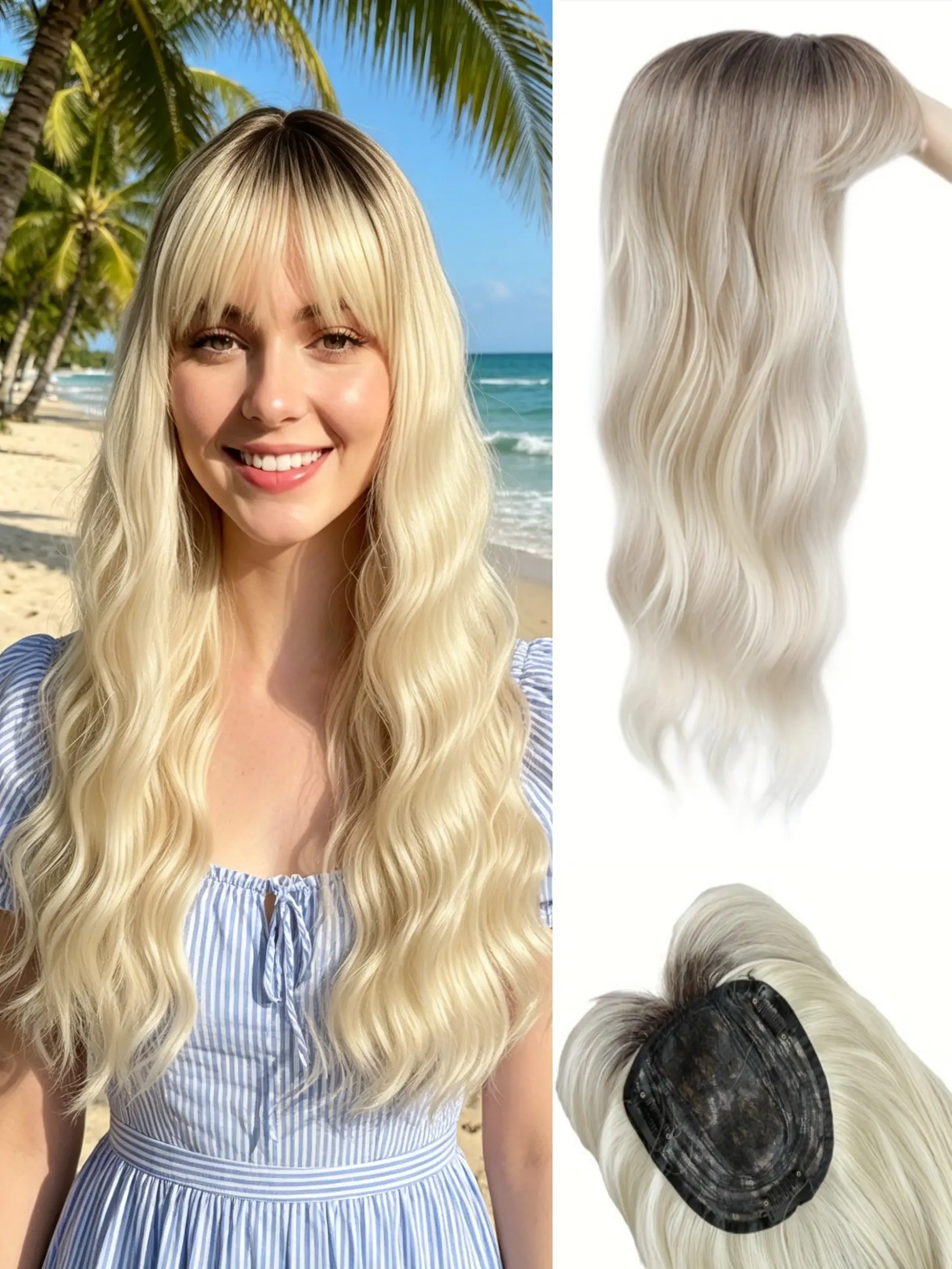 🌟Top-rated wavy clip-in Synthetic Hair Topper for thinning hair! Natural rooted platinum blonde shade, premium Kanekalon with cloud-soft texture, seamlessly hide visible sparse scalp and bring all-day gorgeous full hair