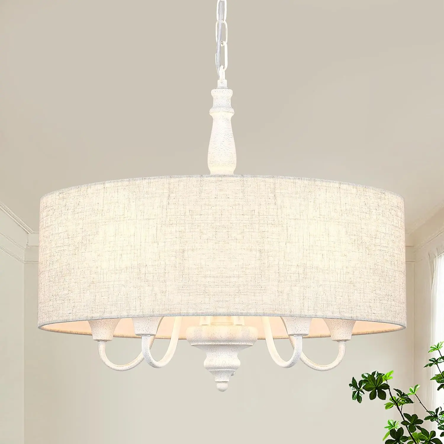 5-Light Drum Chandelier for Dining Room, 18''  Chandelier with Linen Shade, Round Fabric Drum  Light Fixture for Entryway, Foyer, Living Room, Bedroom,  Distressed White