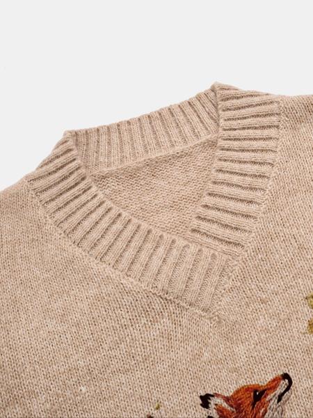 Women's Fox Print Drop Shoulder Sweater, Casual Long Sleeve V Neck Jumper for Fall & Winter, Fashion Ladies' Knitwear for Daily Wear