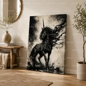 Black Unicorn Canvas Wall Art, Dark Fantasy Horse Poster for Living Room Bedroom Office Study Room Decor, Available as Unframed Canvas Poster or Framed Canvas Wrap