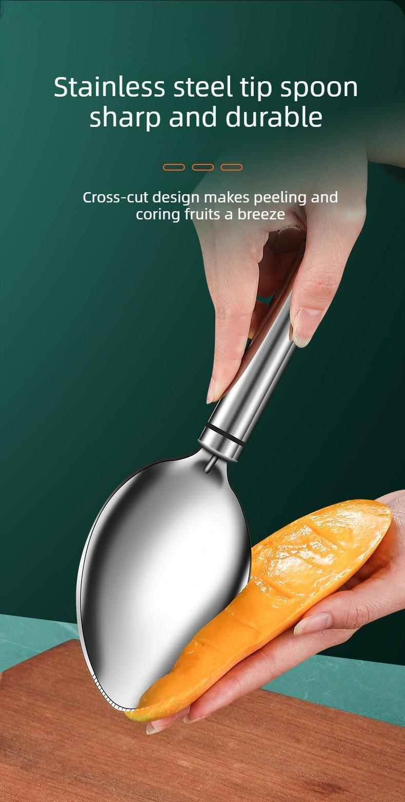 Mango peeler, avocado slicer, watermelon flesh remover, stainless steel scooping knife, fruit peeler.