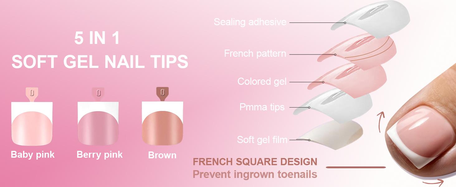 Toe Nail Press Ons, French Tips Toe Press On Nails, 150pcs Square Pre-Designed Soft Gel Thick False Toenail Extension, Berry Pink Full Cover Acrylic for DIY 15 Sizes