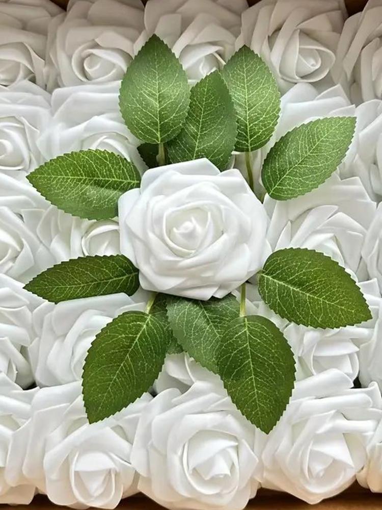 25pcs/Lot High-Grade White PE Rose Artificial Flower Head With Stem DIY Bouquet Wedding Party Decoration Scrapbook Supplies
