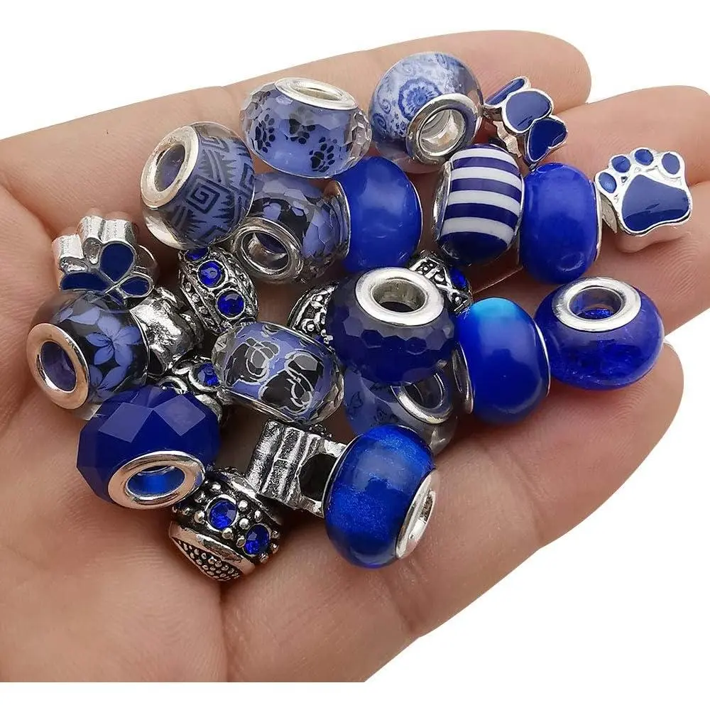 50-Count Unisex Dark Blue Imitation Glass European Large Hole Spacer Beads with Rhinestone Metal Charms for Beginner DIY Jewelry Crafting Bracelets Necklaces (M572-Dark Blue), Large Holes