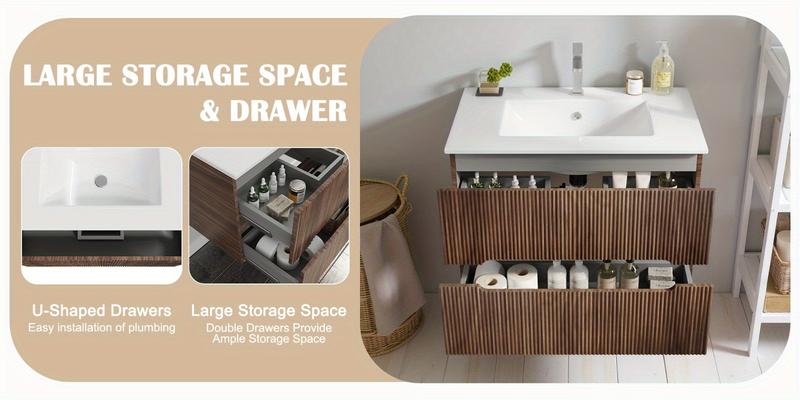 30" Floating Bathroom Vanity with Sink & Faucet, Wall-Mounted Sink Cabinet with 2 Soft-Close Drawers, Walnut/White/Black