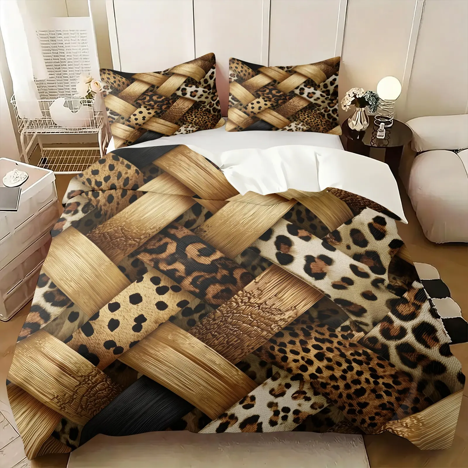 Retro Woven Wood Grain Spliced Leopard Print Duvet Cover Set, Include 1 Comforter Cover and 1/2 Pillowcases, Luxury Wild Contrast Texture Pattern Quilt Cover, Soft Washable Fade Resistant, Elegant European American Style All Season Bedroom Bedding