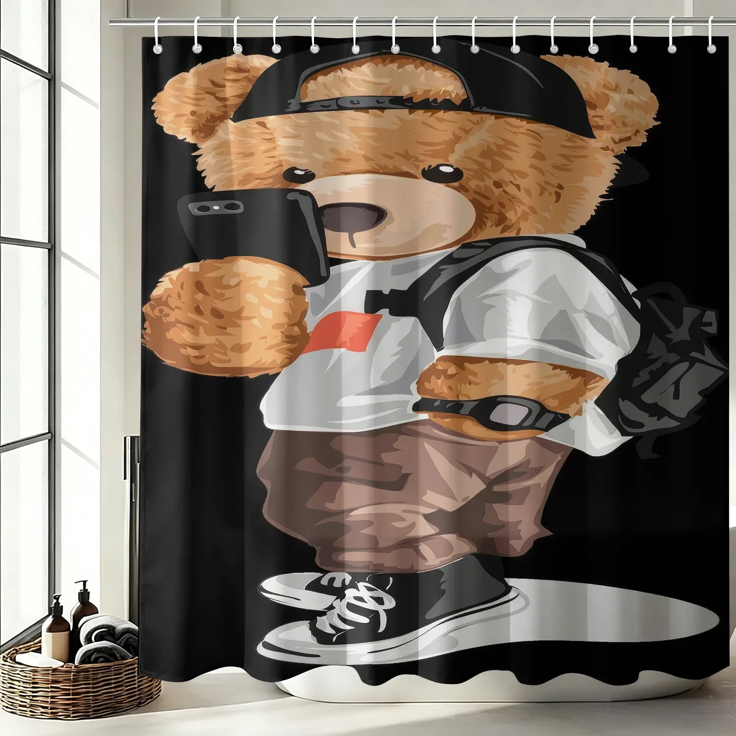 Streetwear Selfie Teddy Bear Shower Curtain Set, Waterproof Cloth Fabric Bathtub Curtain 72"x72" with 12 Hooks, Cool Hip Hop Cap Sneaker Bear, Teen Boys Trendy Bathroom Decor Accessories, Bathroom Shower Curtain Sets