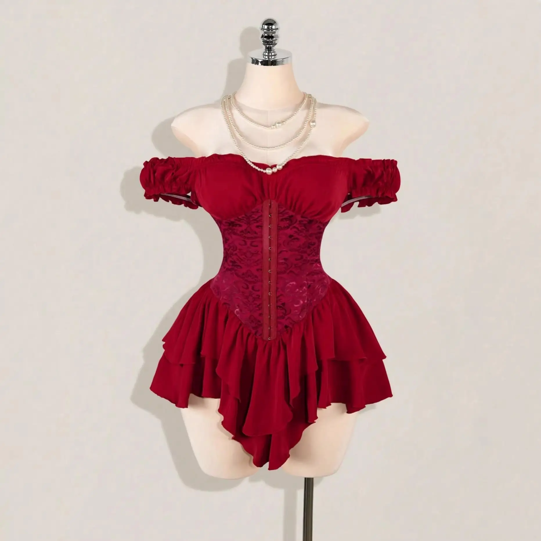 Romantic Off Shoulder Ruffle Mini Dress, Women Jacquard Patchwork Ruched A‑Line Chiffon Short Dress, Elegant Layered Ruffle Hem Dress For Date Night & Party