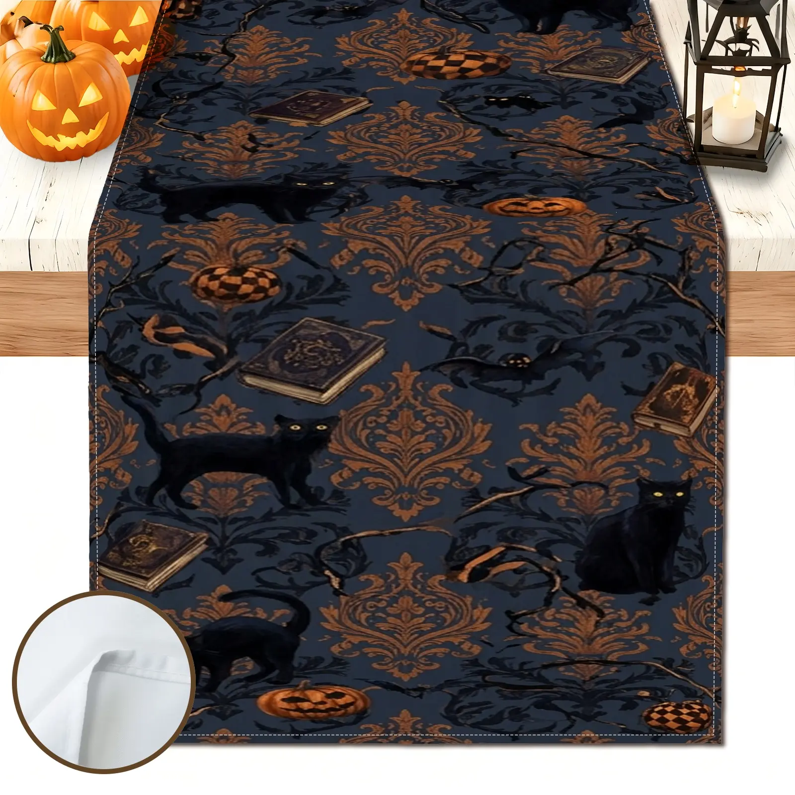 1pc Black Cat Pumpkin Book Table Runner, Gothic Halloween Style, Decorative Border Watercolor Style Print, for Dining Table Halloween Party Home Decor Seasonal Table Decor
