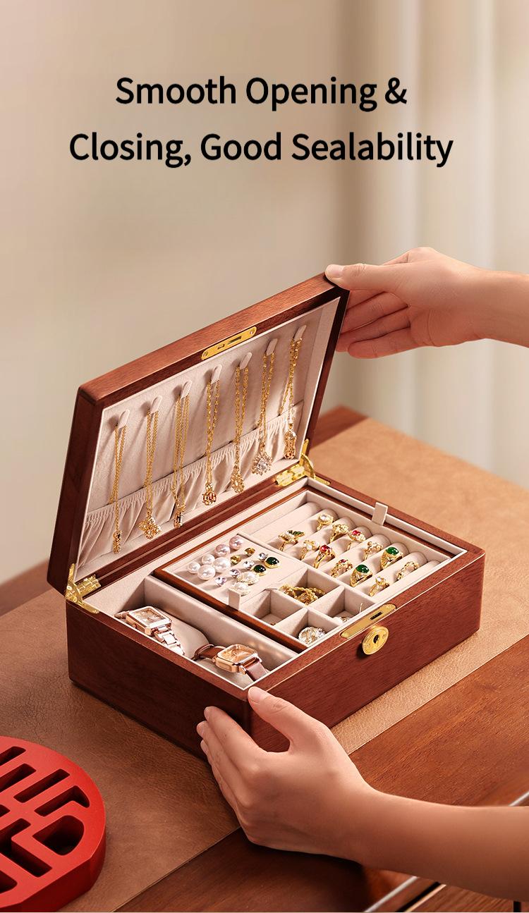 Solid wood embedded double-layer home jewelry box, desktop earring and ring storage box, flip-top lockable accessory storage box