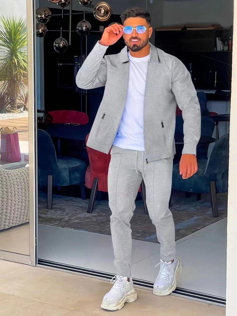 Men's Solid Color Jacket & Drawstring Waist Pants Two-piece Set, Regular Fit Casual Long Sleeve Outerwear & Pants for Daily Wear, Men's Two-piece Outfits for All Seasons