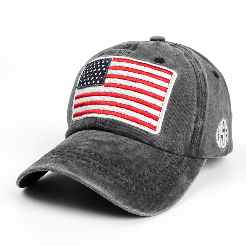 Baseball cap with American flag, pure cotton, letter embroidery, washed and distressed, curved brim, trendy new product