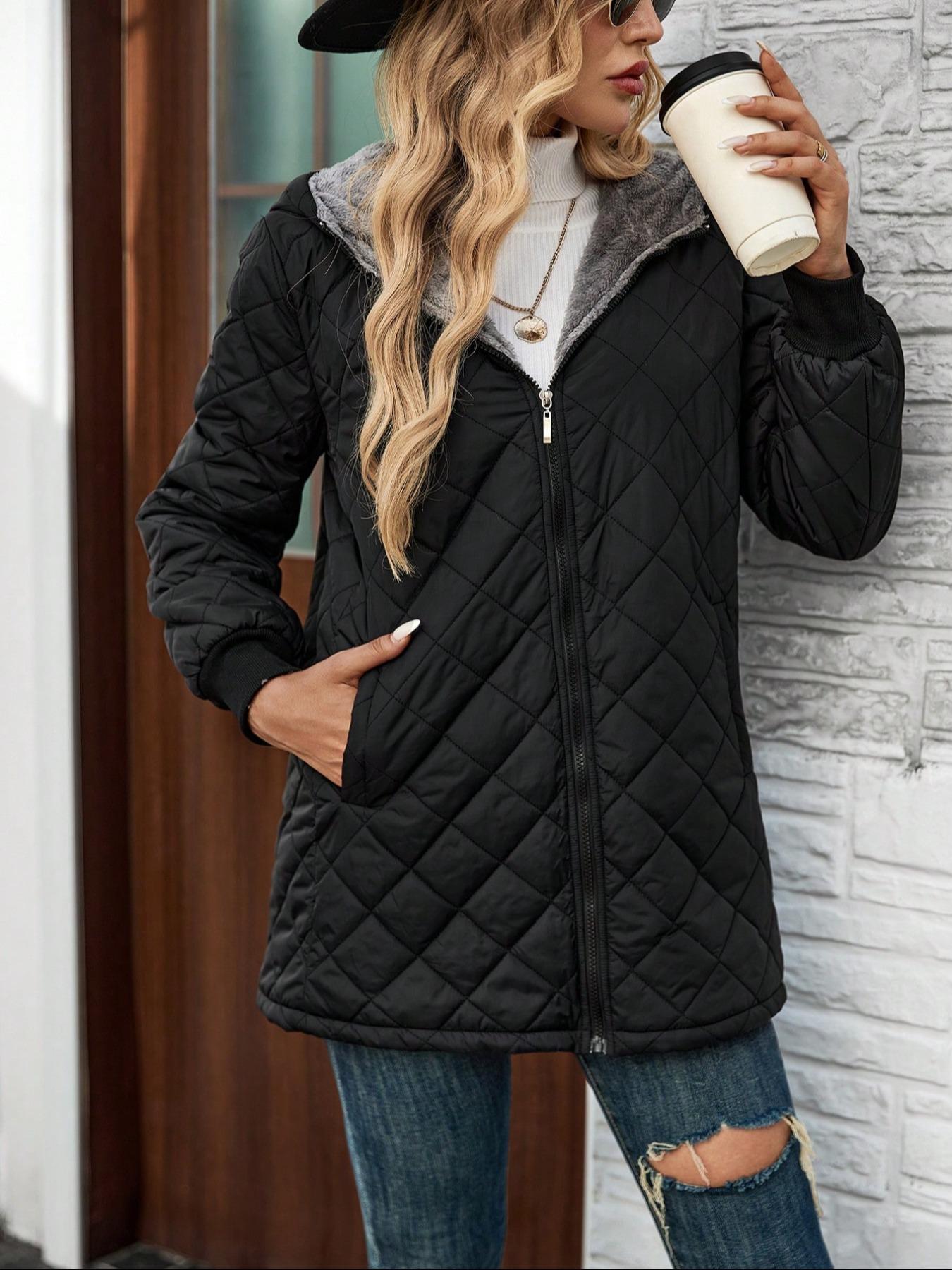 Women's Solid Zipper Quilted Hooded Jacket Coats, Casual Long Sleeve Pocket Design Thermal Lined Outerwear for Fall & Winter, Women's Clothing for Daily Wear