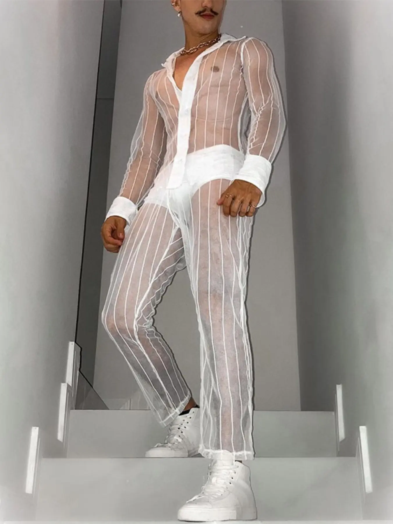 INCERUN Men's Fashion Set, Transparent Lapel Long Sleeve Shirt + Elastic Waist Long Pants, Two-Piece for Party and Gathering