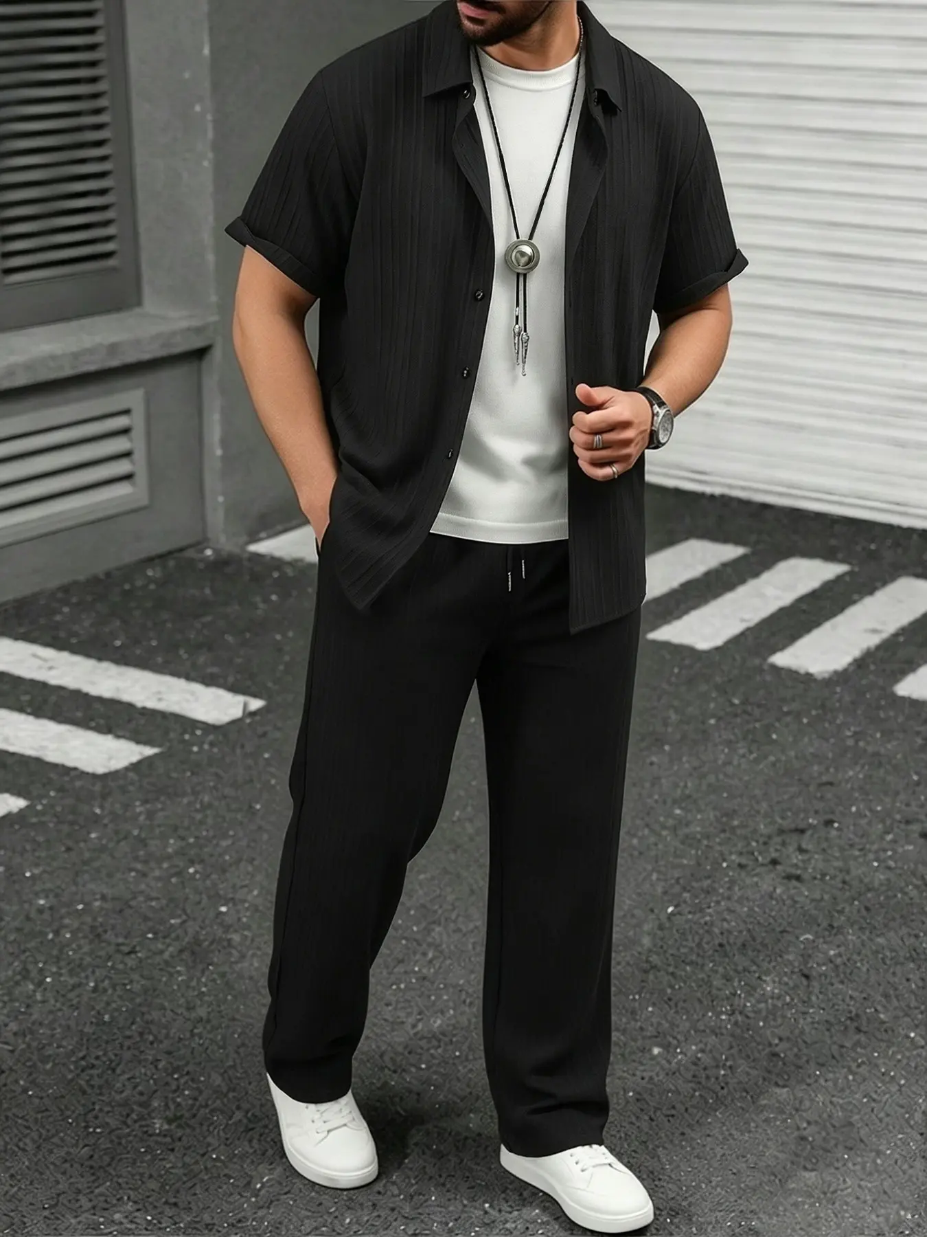 Men's Black Textured 2-Piece Pajama Set - Short Sleeve Button-Up Shirt + Elastic Waist Pants, Soft Lightweight Fabric, Comfortable Fit for Sleep, Lounging & Weekends, Pajamas, Loungewear, Lounge Sets, Pjs